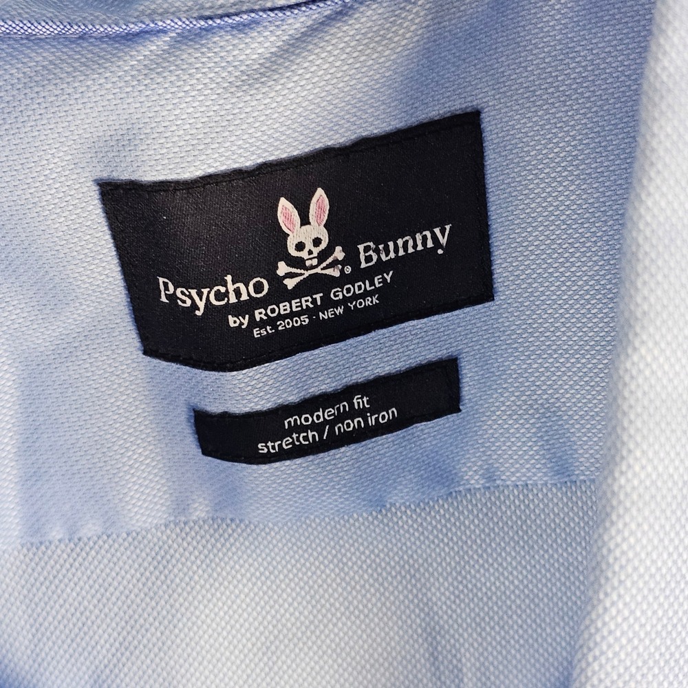 Psycho Bunny Button Down Men 16 34/35 Blue Modern Fit Stretch Non Iron Logo Cuff - Picture 8 of 12